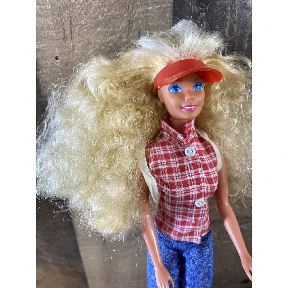 Vintage 1966 Malaysia‎ Barbie Blonde 1995 Lee Jeans Red Gingham Backpack Visor